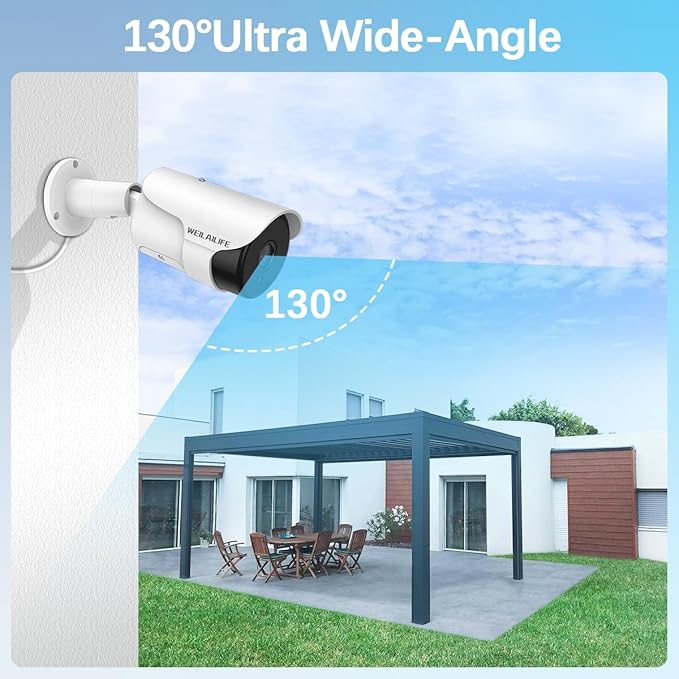 【130° Wide Angle】 4K Wired Security Camera System Outdoor Home Video Security Systems POE Security Surveillance Cameras