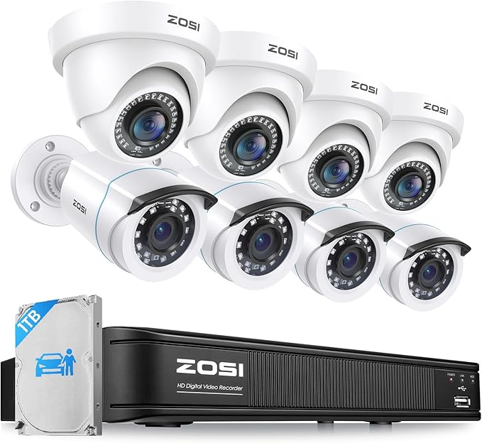 ZOSI 3K Lite Home Security Camera System with AI Human Vehicle Detection, H.265+ 8CH CCTV DVR and 8 x 1080p Wired Outdoor Indoor Bullet Dome Cameras, Remote Access, Alert Push (1TB Hard Drive)