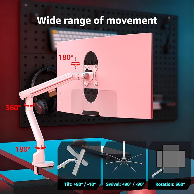 Monitor Arm Stand, 24 to 43 Inch Single Monitor Mount, C Clamp Only, Mechanical Spring Desk Mount, Holds 6.6-26.4 lbs, Fit 75x75/100x100 VESA,(White)