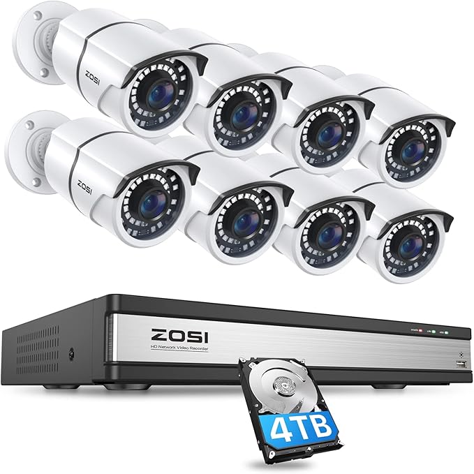 ZOSI 16CH 4K PoE Security Cameras System,4K 8MP 16 Channel H.265 NVR with 4TB Hard Drive and 8pcs 5MP Indoor Outdoor PoE IP Cameras,120ft Night Vision,Remote Access for Home Business 24/7 Recording