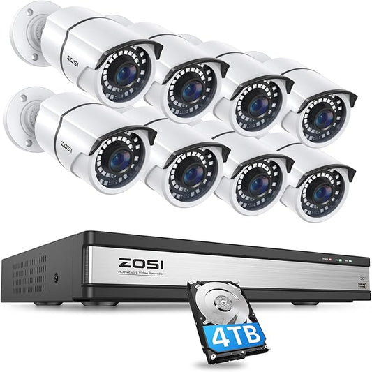ZOSI 16CH 4K PoE Security Cameras System,4K 8MP 16 Channel H.265 NVR with 4TB Hard Drive and 8pcs 5MP Indoor Outdoor PoE IP Cameras,120ft Night Vision,Remote Access for Home Business 24/7 Recording