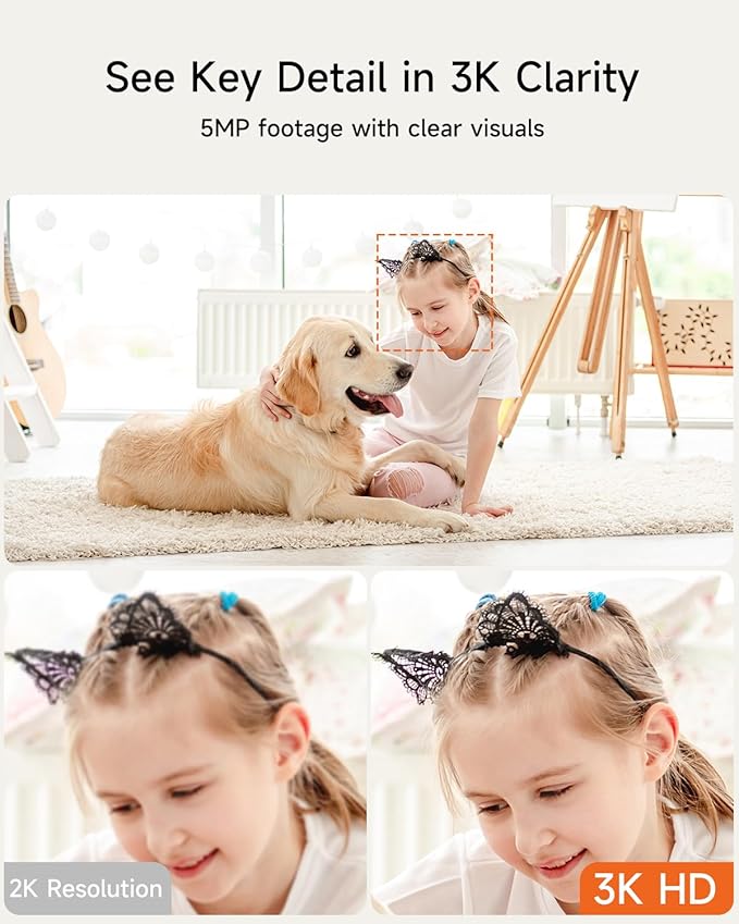 Smart 3K Indoor Dome Security Camera with AI Human/Pet/Facial Detection, 360° Pan-Tilt Coverage, 2-Way Audio, 2.4GHz 5GHz Dual-Band Wi-Fi - Includes 64GB SD Card & No Subscription Needed