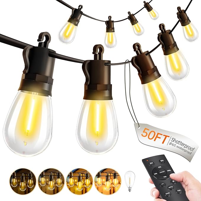 Outdoor-String-Lights-Patio-LED-Light-Outside 50Ft 15M Waterproof Remote Dimmable S14 LED Porch Lighting with 15 Edison Plastic Bulb Hanging Lights Connectable for Backyard Yard Gazebo Party Garden
