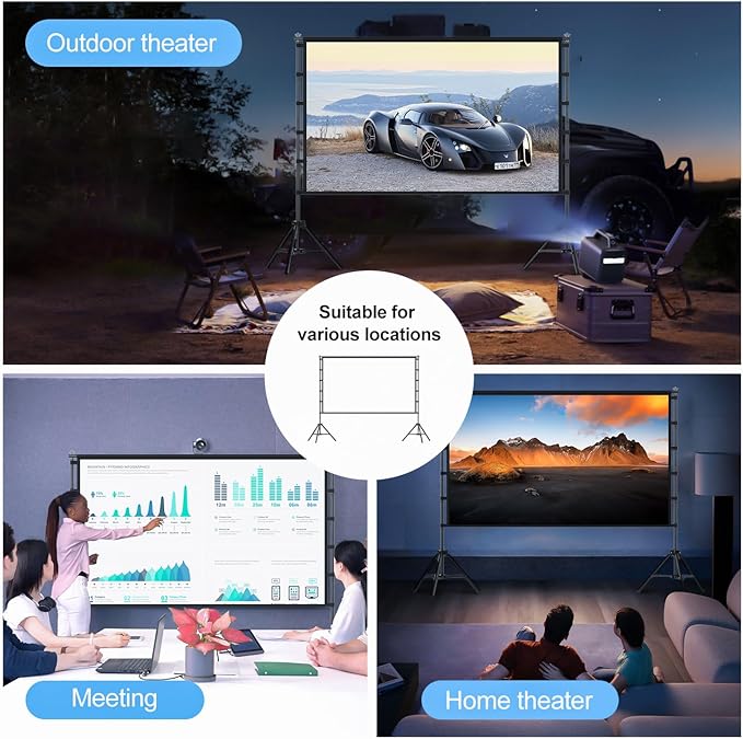 120 inch Projector Screen with Stand, Portable Outdoor Projection Screen Rear Front Movie Screen with Carry Bag Wrinkle-Free 16:9 4K Washable for Indoor Home Theater, Backyard Movie Night