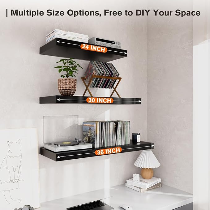 Floating Shelf, Set of 2 Wall Shelf, 24 in W x 12.75 in D x 2 in H Wooden Floating Wall Shelf with Invisible Brackets for Living Room/Bedroom/Bathroom/Kitchen Storage and Decor, Black