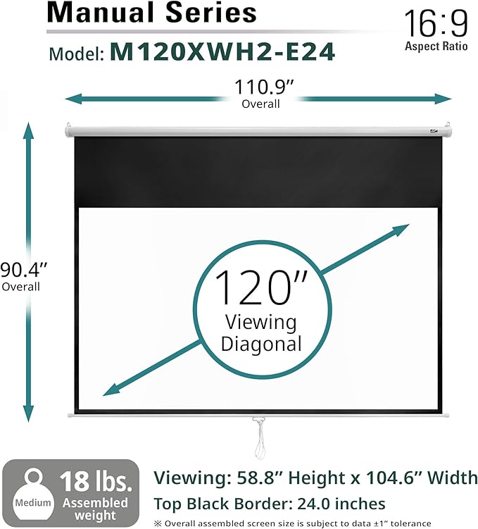 Elite Screens Manual Series, 120-INCH 16:9, Pull Down Manual Projector Screen with 24-INCH DROP, Movie Home Theater 8K / 4K Ultra HD 3D Ready, 2-YEAR WARRANTY , M120XWH-E24