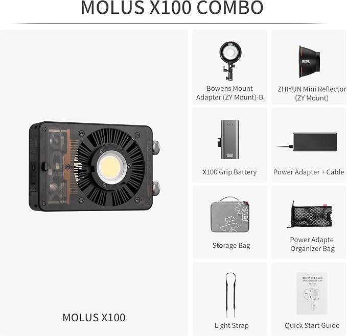 ZHIYUN MOLUS X100 Bi-color Combo 100W Video Light [Official] V2 Upgraded Version Professional Photography Lighting Portable Continuous Output Lighting 2700K~6500K CRI≥95 TLCI≥97 for Youtuber TT Photog