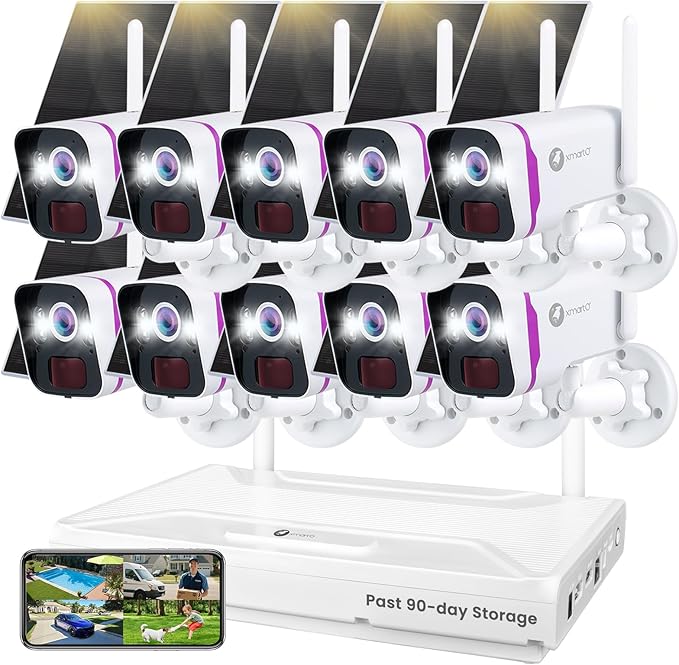 XMARTO Solar Security Cameras Wireless Outdoor, WiFi6 NVR with 64GB Micro SD Card, 10 PCs 4MP QHD Home security camera system with 10CH Expandable NVR, 120 Days Local Storage, All-Weather Solar Charge