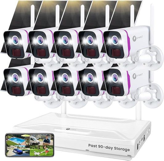 XMARTO Solar Security Cameras Wireless Outdoor, WiFi6 NVR with 64GB Micro SD Card, 10 PCs 4MP QHD Home security camera system with 10CH Expandable NVR, 120 Days Local Storage, All-Weather Solar Charge