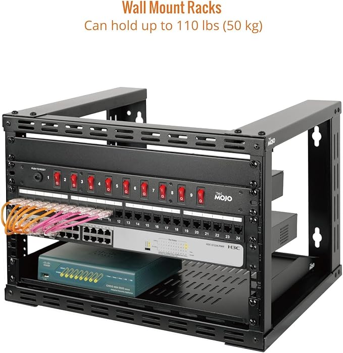 Tecmojo 6U Wall Mount Rack, Wall Mount Network Rack 24.8in Depth, Open Frame Server Rack for 19in IT/AV/Data/Home Equipment, Black