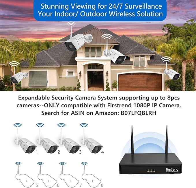 Firstrend Wireless Security Camera System,2MP 8 Channel CCTV P2P Surveillance H.265 NVR System with AI Human Detection, 2-Way Audio,3TB Hard Drive 24/7 Recording 8 Cameras for Home