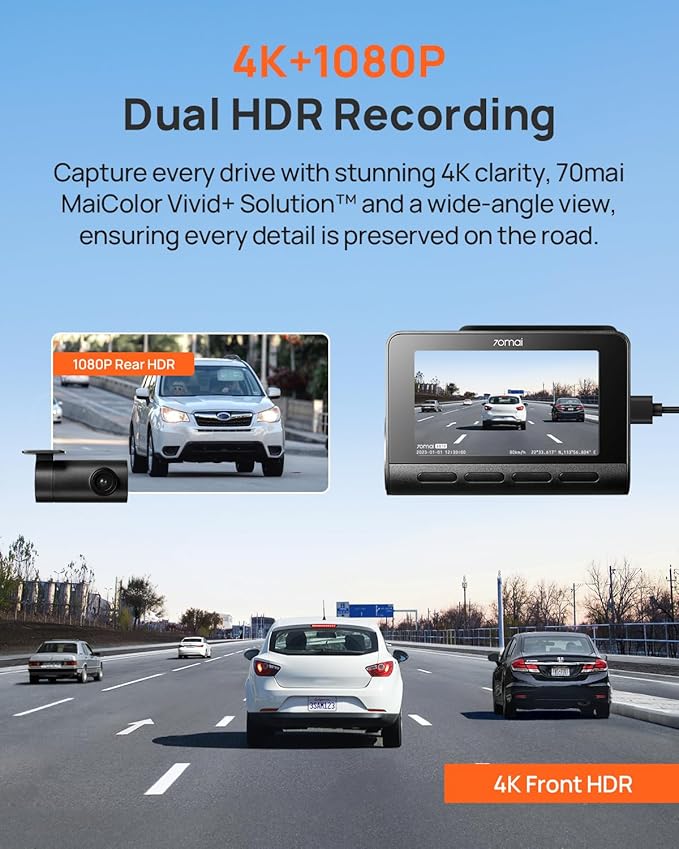 70mai A810 4K Dash Cam Front and Rear, Dual Dash Camera for Cars with Starvis 2 HDR Night Vision, 4G LTE Support, ADAS, Built in GPS & WiFi, 24/7 Parking Mode, AI Motion Detection, Time-Lapse