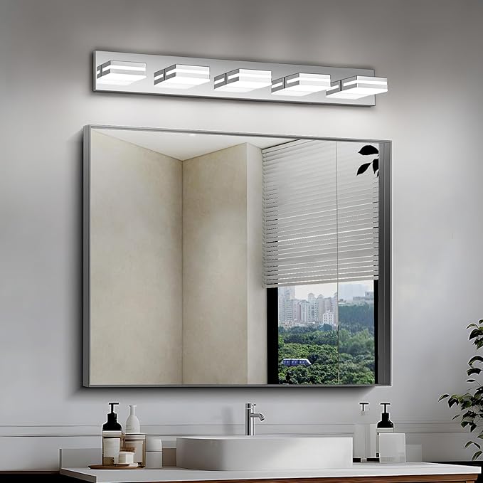 Modern LED Bathroom Lights Fixtures(5-Light),Stainless Steel Chrome Acrylic Wall Lighting,Vanity Lights for Bathroom Over Mirror(6000k 34in)