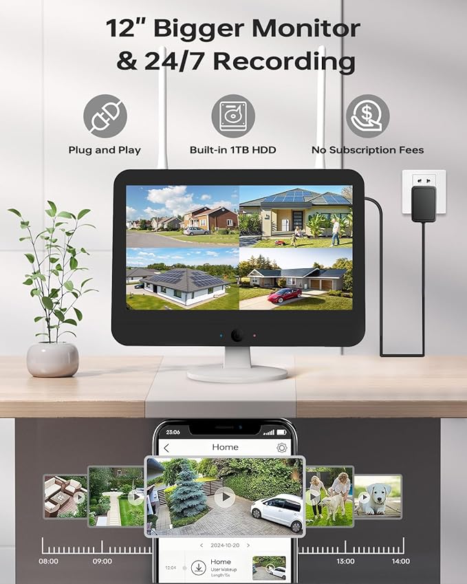 Wireless Outdoor Security Camera System, Wkkengd Dual Lens Dual Screen Auto Tracking 4 Home Surveillance Camera Set 12.5" Monitor 1TB 10CH NVR Color Night Vision 2 Way Audio Wi-Fi 6 Alexa Compatible