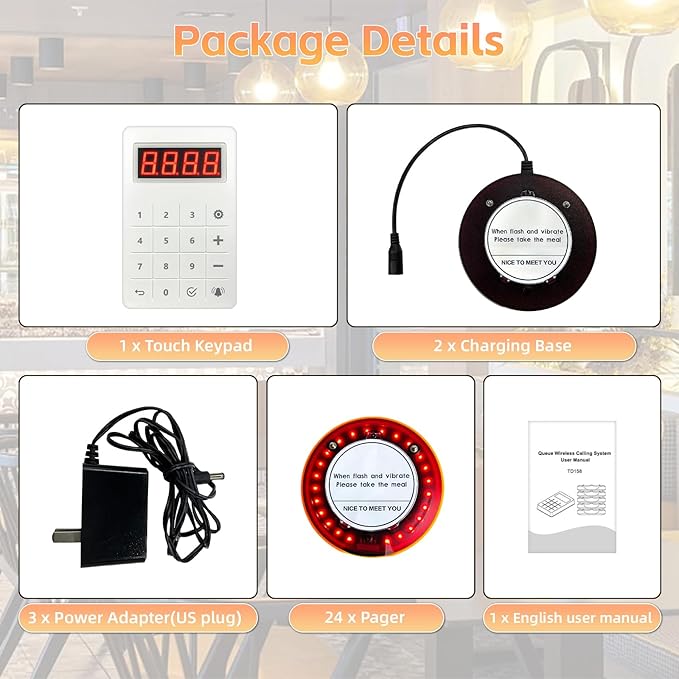 Restaurant Pager System, Buzzers for Restaurants 24 Coaster Pagers with Rubber Protection, Touch Keyboard Transmitter,2 Charging Base, Buzzer System for Food Truck Church Nursery Coffee Shop
