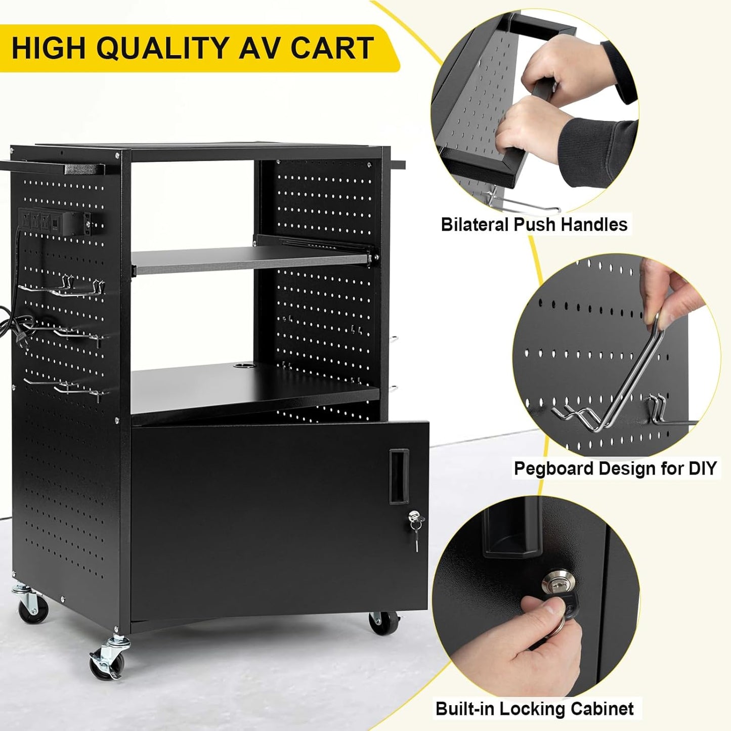 Mobile AV Cart with Locking Cabinet & Wheels, Heavy Duty Rolling Media Cart with Customized Pegboard & Hooks, Multipurpose Utility Cart 100lbs Load Capacity, Black