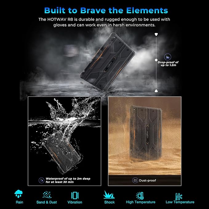 HOTWAV R8 Rugged Tablet 2024 Android 14, 10.1 inch HD+ Waterproof Tablet, 12GB+128GB/1TB TF 10800mAh, 13MP+5MP Camera Outdoor Tablets, Unisoc T606/Octa-Core/4G Dual SIM/5G WiFi/IP68&IP69K/Face ID/OTG