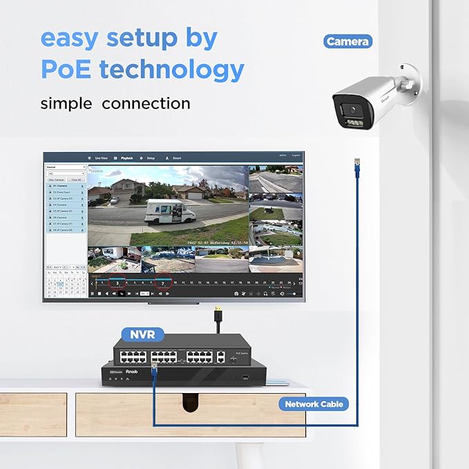 32 Channel 4K Security Camera System, 20x 8MP PoE Bullet Cameras with Spotlight Color Night Vision, Two-Way Audio, AI Human/Vehicle Detection, 4K NVR 8TB Storage, Remote Access, PB65A2032-8MD-1