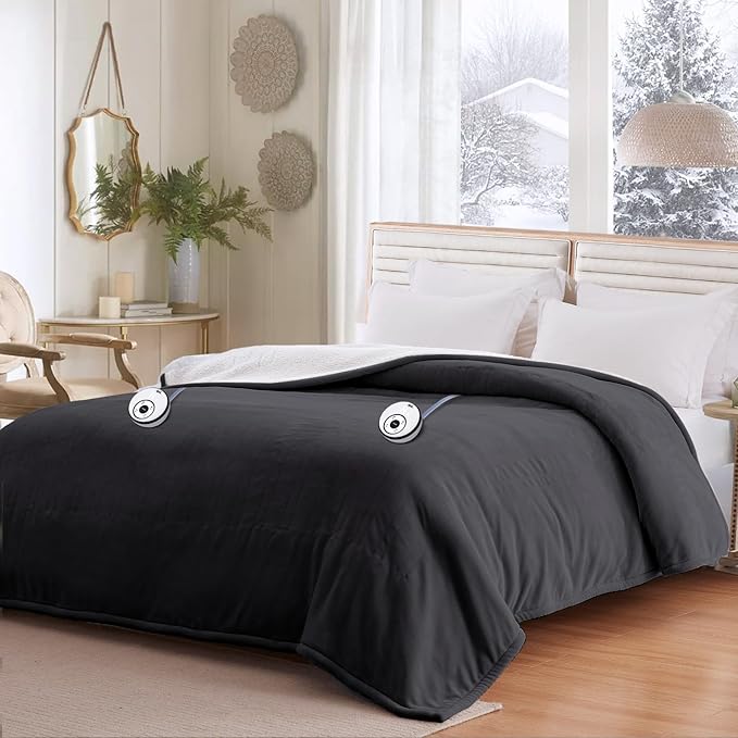 Sealy Electric Blanket King 100"*90",Super Cozy Flannel to Sherpa Reversible Heated Blanket King Size with 10 Heating Levels & 1-12 Hours Auto Off Overheating Protection Machine Washable,Charcoal