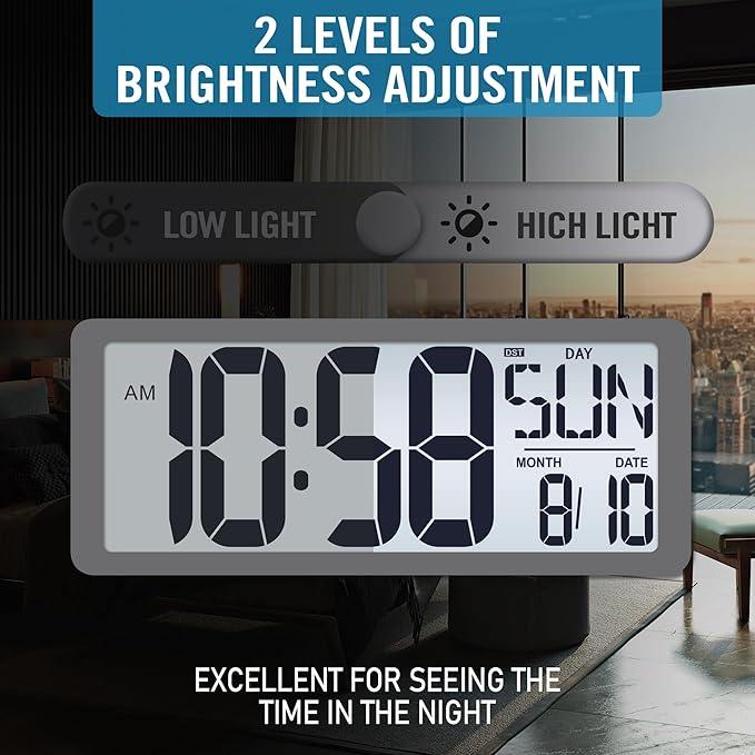 TXL Rechargeable Atomic Clock with Backlight, 14.2" Large Display Digital Wall Clock Battery Operated with Day, Date & Temperature, Large Wall Clock for Bedroom, Livingroom, Office（White）