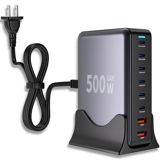 500W GaN USB C Charger Block Charging Station 8 Port Fast Charger Block with Dual 100W PD USB-C Fast Charging Station Hub Compatible with iPhone 17/16 15/14/13/Pro Max/MacBook Pro/Air/All iPad (Black)