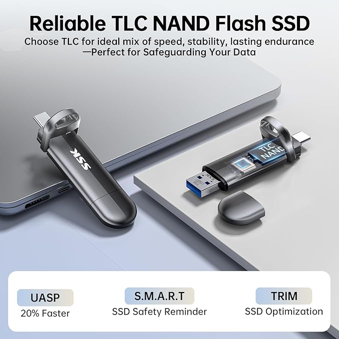 SSK USB Flash Drive 2TB SSD External, TLC NAND Solid State Drive Dual USBC & USBA Ports, Up to 1000MB/s High-Speed Portable 1TB USB Thumb Drive Stick for iPhone 15/16/17 Pro, Mac, Android, PC Backup