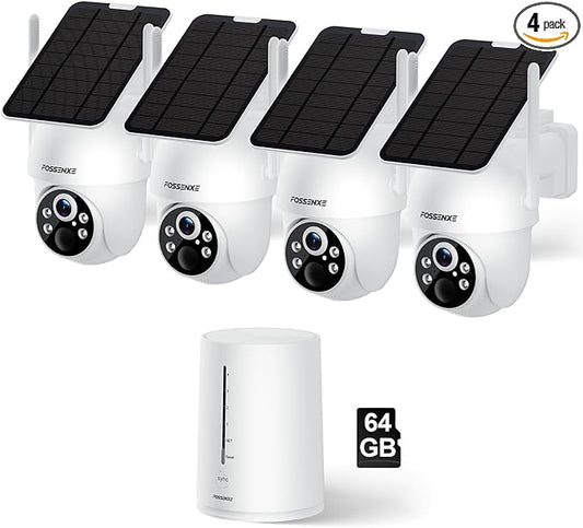Solar Security Cameras Wireless Outdoor, 4 Cam-Kit, Solar-Powered, 2K Cameras for Home Security System, 360° Pan & Tilt, Color Night Vision, Motion Detection, 64GB Memory Card, No Monthly Fee