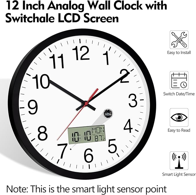 12" Digital Wall Clock with Temp Week Switchable Time and Perprtual Calendar on LCD Display, Silent Battery Operated Analog Clock for Bedroom Classroom Office Garage (Black)