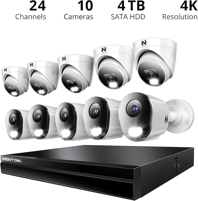 Night Owl Power Over Ethernet 24 Channel NVR Video Home Security Camera System with (10) Wired IP 4K HD Indoor/Outdoor Deterrence 5 Dome/5 Bullet Cameras and 4TB Hard Drive (5 Bullet/5 Dome)