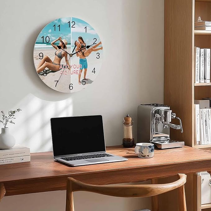 Personalized Clocks with Picture/Text, Custom 2 Photo Silent Wall Clock Non Ticking for Bedroom, Living Room, Kitchen, Office, Customized Anniversary Valentine's Day Gifts (10", 12", 14")