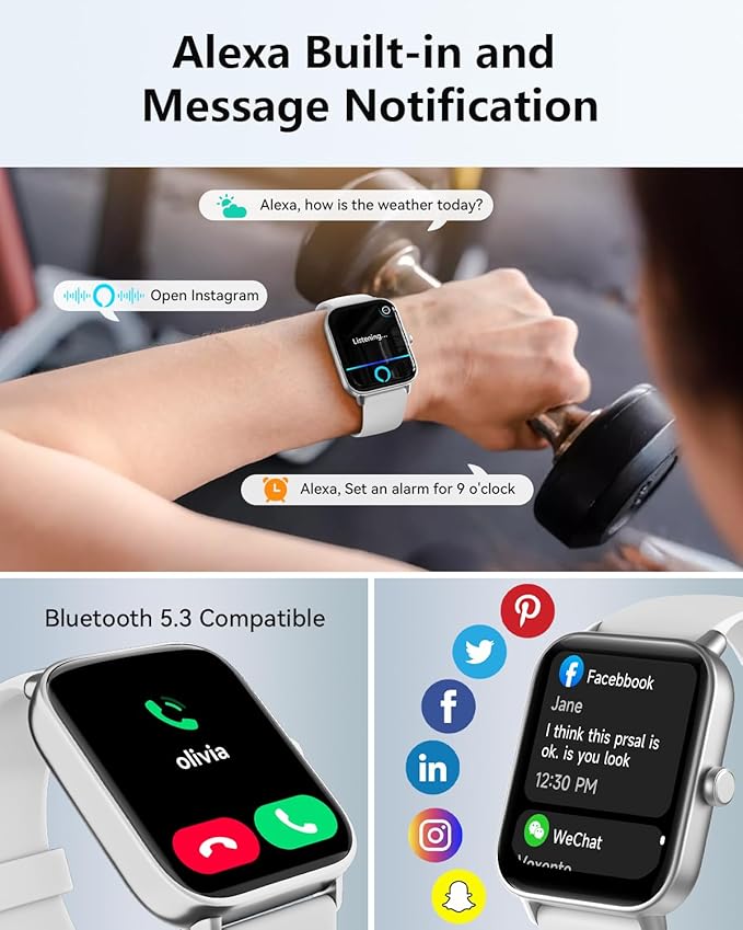 Smart Watches for Women/Men, Smart Watch for Android Phones and iPhone Compatible, Alexa Built-in, 1.8" Fitness Watches for Women, IP68 Waterproof /Bluetooth Call, Heart Rate/Sleep Monitor, White