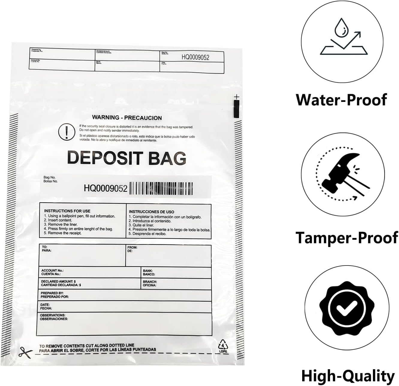 Daarcin100pcs9X12in Transparent Plastic Deposit Bag, Security Bank Pocket,Tamper Proof Bags，Cash Transfer Bag with Barcode and Self Sealing Adhesive,Used for Cash,Checks,Credit Cards