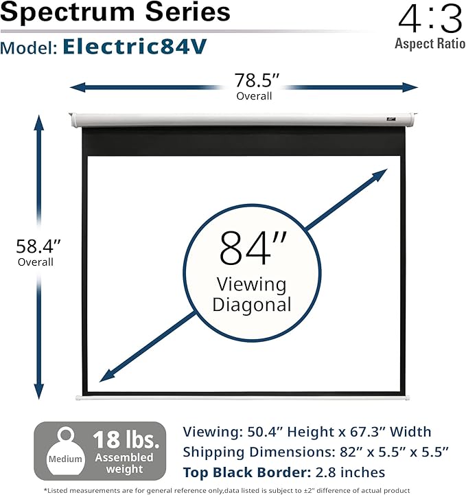 Elite Screens Spectrum, 84-inch Diag 4:3, Electric Motorized 4K/8K Ready Drop Down Projector Screen, ELECTRIC84V