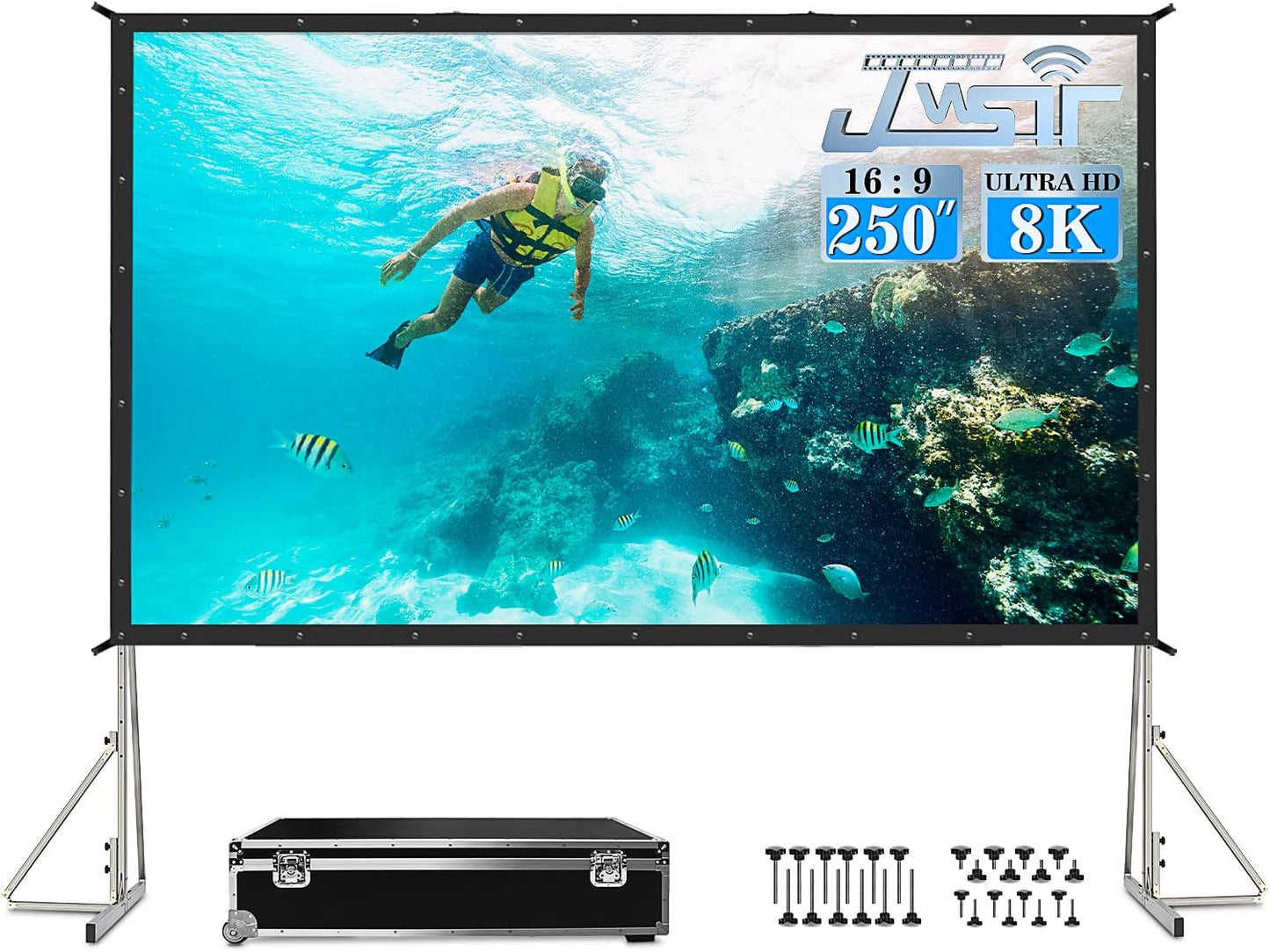 250 inch Projector Screen with Stand, Upgraded 3 Layers PVC 16:9 Large Outdoor Projector Screen, Portable Outdoor Movie Screen with Carrying Bag for Large Commercial Performance