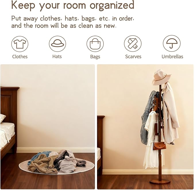 Bamboo Cactus Coat & Clothes Rack Stand, Standing Freestanding Clothing Racks with 6 Hooks for Adults & Kids, Heavy Duty Modern Entryway Living Room Bedroom Corner Coat Rack