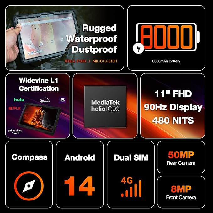 AGM Rugged Tablet, 11" Android Tablet GMS Certified with MTK G99, 16GB RAM 256GB ROM 2TB TF, 90Hz FHD IPS Touchscreen 18H Battery, 50MP+8MP, GPS, IP68/IP69K, Drop-Proof with Strap & Case for Outdoors