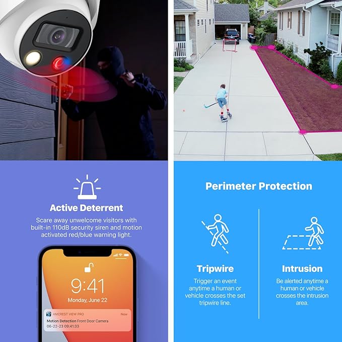 Amcrest UltraHD 4K (8MP) IP POE AI Camera, 4K @30fps, 98ft Night Color Vision F1.0, Security Outdoor Turret Camera, Vehicle & Human Detection, Active Deterrents, Two-Way Audio, IP8M-DT3949EW-3AI