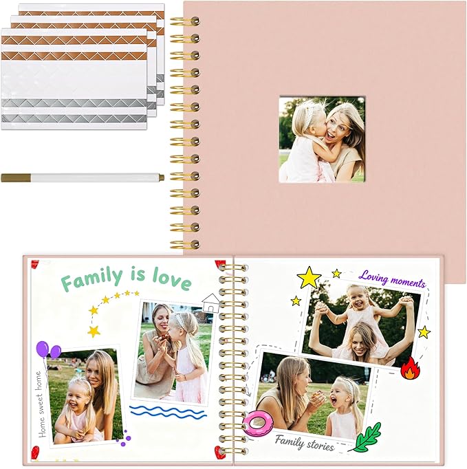 Vienrose 8 x 8 Inch Scrapbook Photo Album, Linen Hardcover Photo Book with 40 White Pages, DIY Memory Book Kit with Accessories for Wedding, Baby Shower, Travel, Christmas (Pink, 20 Sheets)