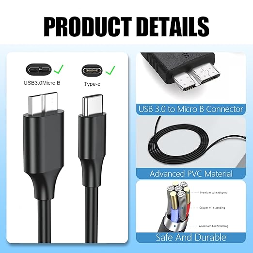 External Hard Drive USB 3.0 Cable, Micro B to USB C Hard Drive Cable Compatible With Seagate, WD My Passport, Toshiba, MacBook Pro, iPad, iPhone 15, PC, Samsung Galaxy S5, LG, Moto, Pixel USB-C Device
