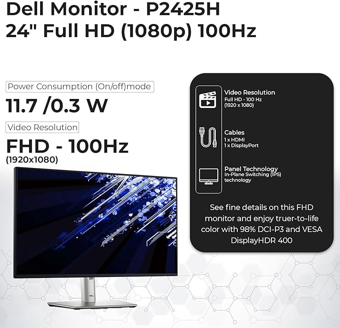 ANYHDD Dell P2425H Computer Monitor Screen 24" 16:9 IPS Display with Stand - 1 Year Warranty, 100Hz Full HD, 1920 x 1080 with Power Cable, DisplayPort, HDMI, USB 3.0 Upstream Cable & Cloth - New