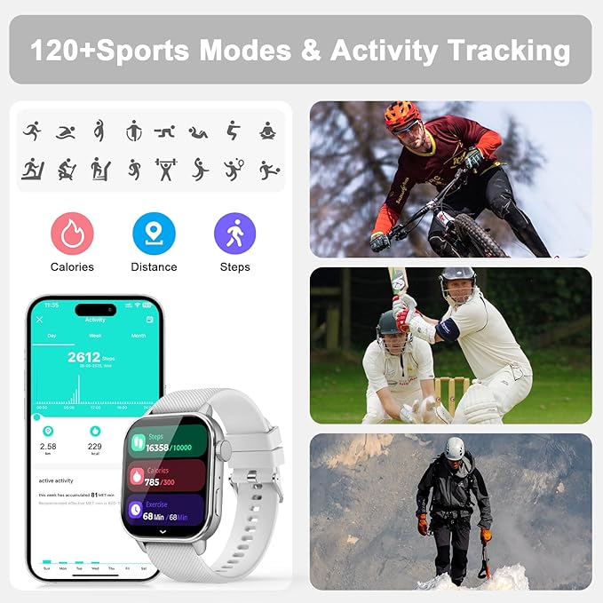 Smart Watch for Men Women, 1.85'' AMOLED HD Fitness Watch with 120+ Sports Modes, Bluetooth Call/Heart Rate/Sleep Monitor/Pedometer, Smartwatch for Android iOS, IP68 Waterproof, Silver
