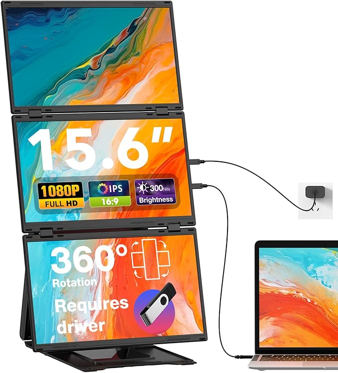Quad Laptop Screen Extender, 15.6" FHD 1080P Triple Monitor, Combine into One 30" Screen (Landscape/Portrait), Just 1 Cable for 3 Screens, Driver Required, Compatible with Wins & Mac(M1/M2/ M3/M4/M5)