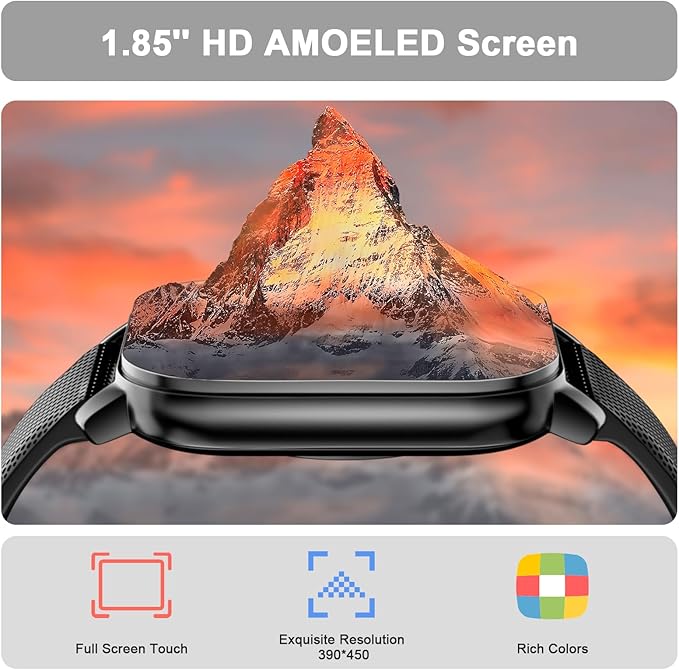 Smart Watch for Men Women, 1.85'' AMOLED HD Fitness Watch with 120+ Sports Modes, Bluetooth Call/Heart Rate/Sleep Monitor/Pedometer, Smartwatch for Android iOS, IP68 Waterproof, Black