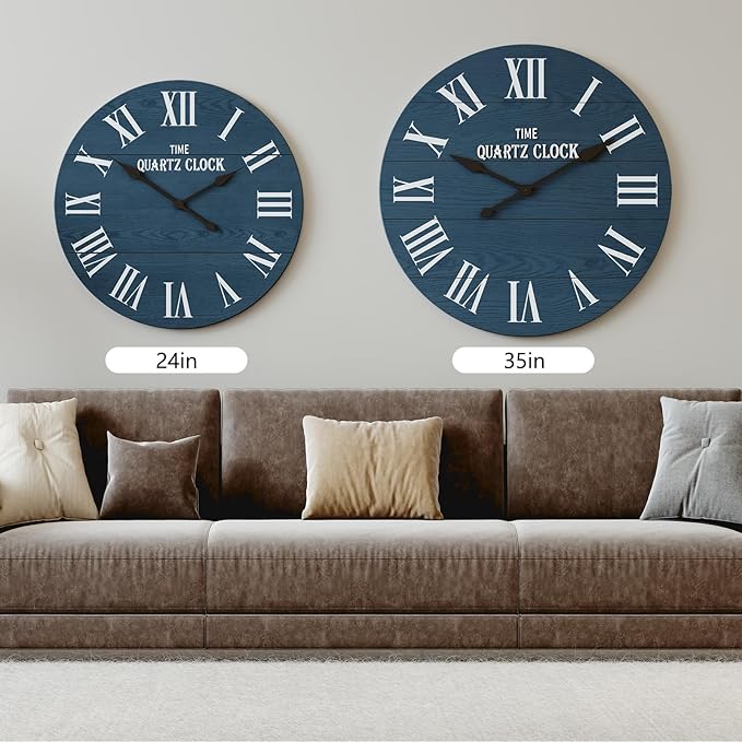 ARTPOWER Large Farmhouse Wall Clock, 24” Shiplap Wall Clock with Roman Numeral, Nearly Non-Ticking, Round Wall Clocks for Living Room Decor, Office, Bedroom, Entrance, Blue