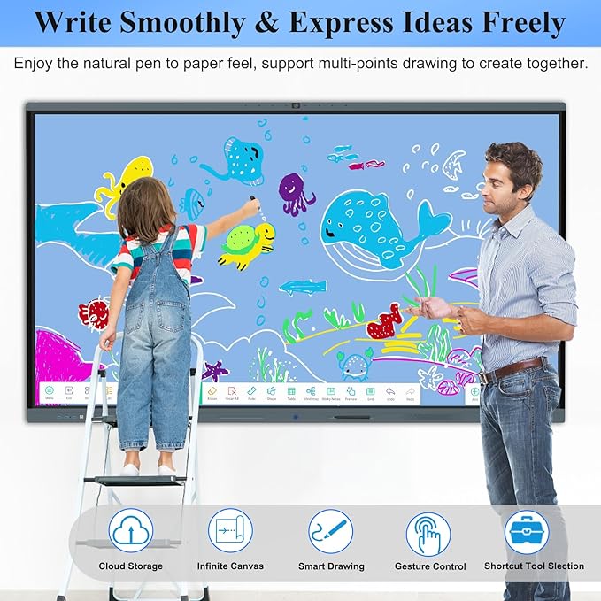 86'' Smart Board, 4K Touch Screen Interactive Whiteboard Display, AI Camera with 8 Mics, Android 13.0 8+128G, All in One Smartboard for Classroom Office Home (Board+Wall Mount)