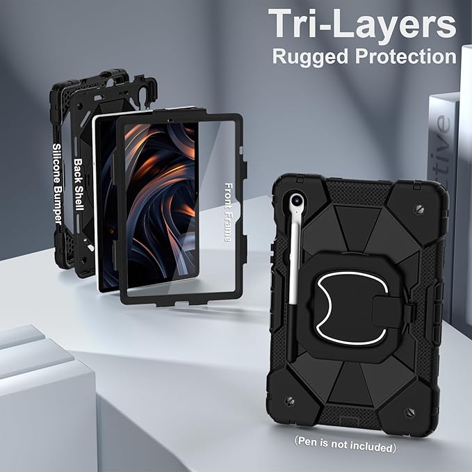 Case for Samsung Galaxy Tab S10 Lite / S10 FE / S9 FE 10.9 Inch & Galaxy Tab S9 11 Inch, Rugged Samsung S10 Tablet Case with Pen Holder 360 Rotating Stand Shoulder Strap Screen Protector, Black