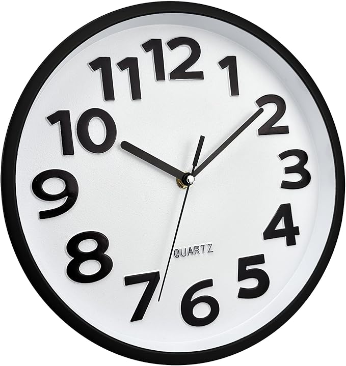 Plumeet 10'' Small Wall Clock, Battery Operated Small Wall Clocks Silent Non-Ticking Quartz, Modern Style Suitable for Bedroom Living Room Office Decor - 3D Numbers Display Easy to Read, White