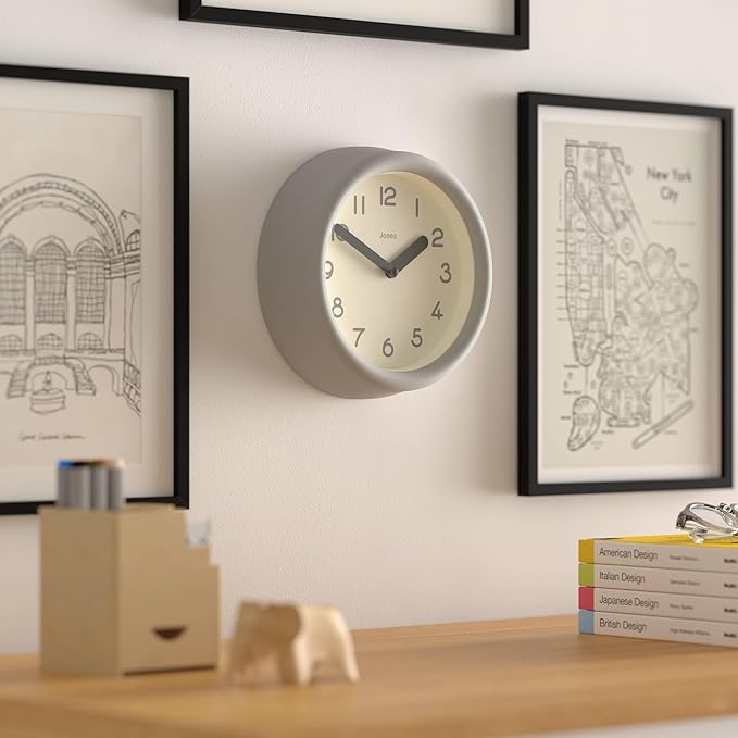 JONES CLOCKS® Fuze Wall Clock | Small Round Clock | Gray | Playful Modern Design with Soft sculptural Presence | Ideal for Kitchens Living Rooms Kid's bedrooms