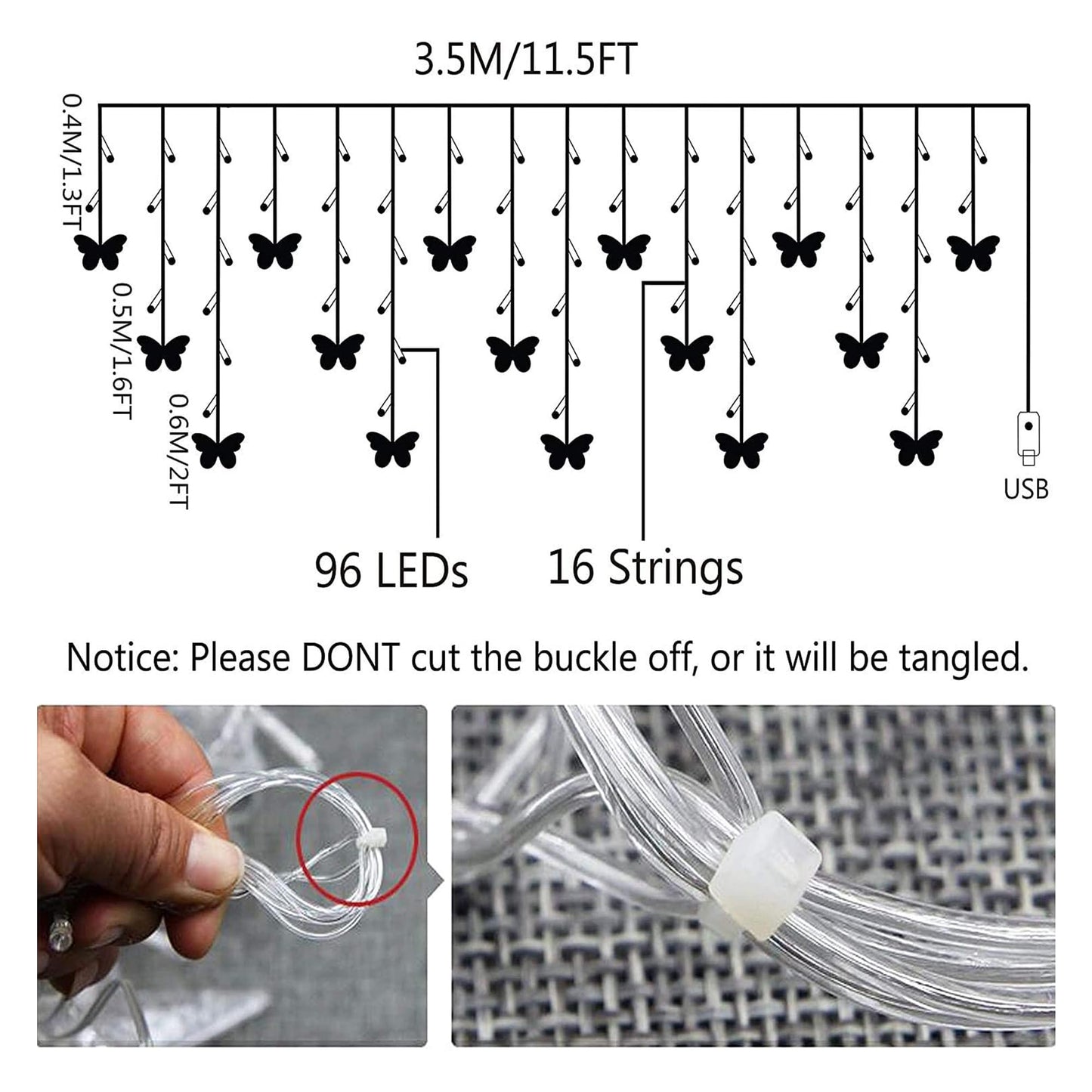 MinoMia Butterfly Curtain Fairy Lights, 96 LED, 11.5FT, USB Plug, 8 Modes, Remote Control, Pink