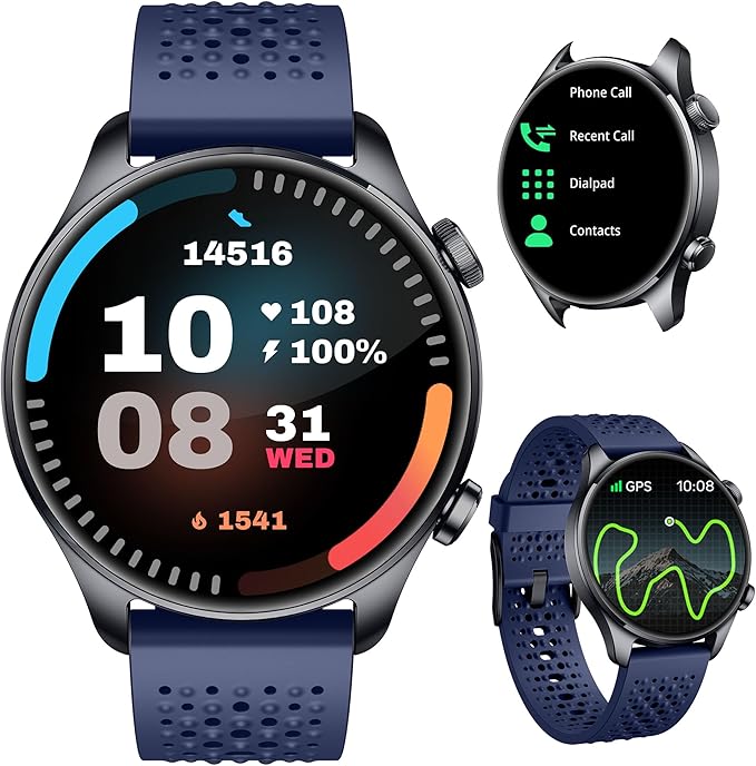 Smartwatch for Men & Women, 1.43" AMOLED Fitness Tracker GPS, Bluetooth Call, Heart Rate, Blood Oxygen (SpO2), Sleep Monitor, 100+ Sports Modes, iPhone & Android – Blue